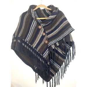 Poncho Blue Brown Layered Fringe Wood Buttons one size